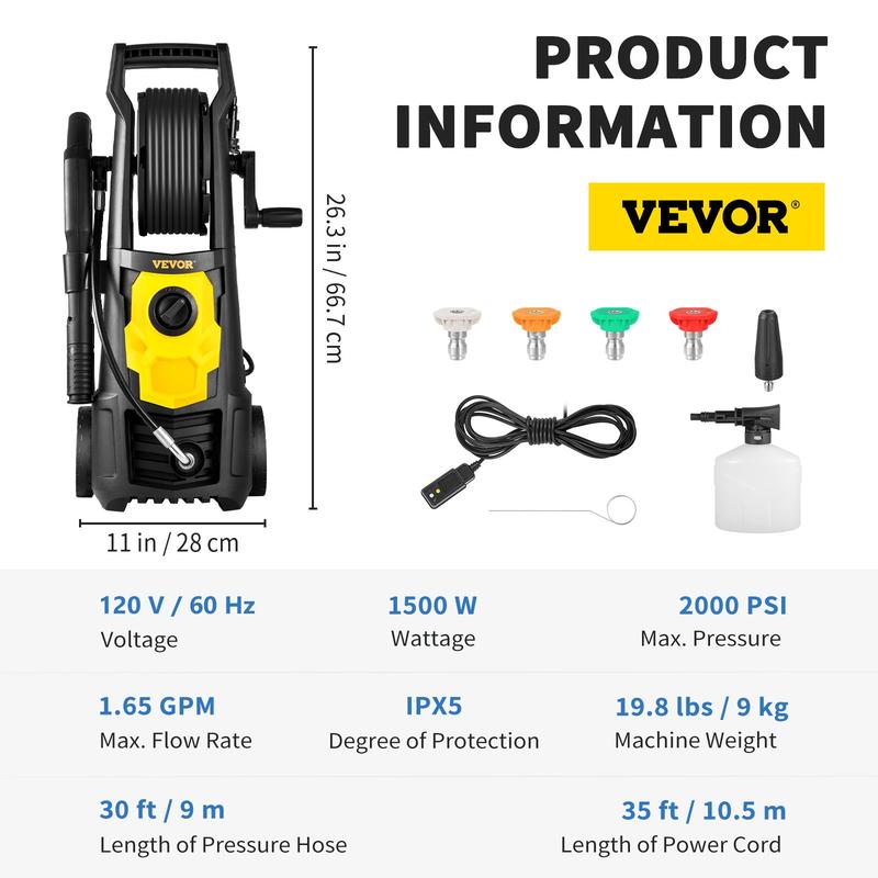 VEVOR Electric Pressure Washer 2000 PSI, 1.76 GPM with Foam Cannon